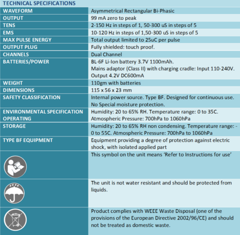 Technical Specifications of the Sports TENS 2 Muscle Stimulation Machine